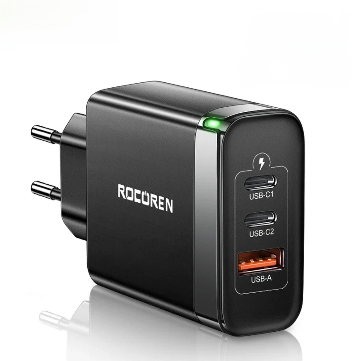Carregador Rápido Rocoren 65w Gan 3 Portas Suporta 45w, 30w, 25w, Power Delivery (pd 3.0/2.0), Quick Charge (qc 4+