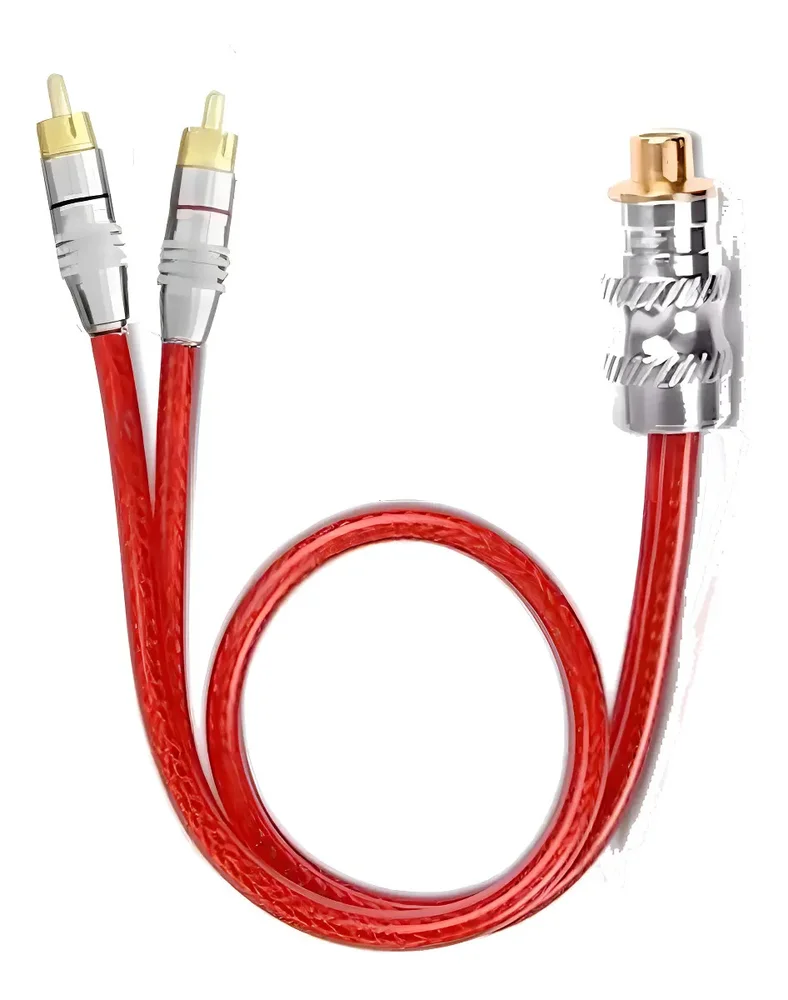 Imagem 2 de 3 do produto Cabo Y Rca 2 Machos 1 Fêmea 5mm Vermelho Transparente Plug Metal Dupla Blindagem Tech One Áudio Automotivo Premium 5M