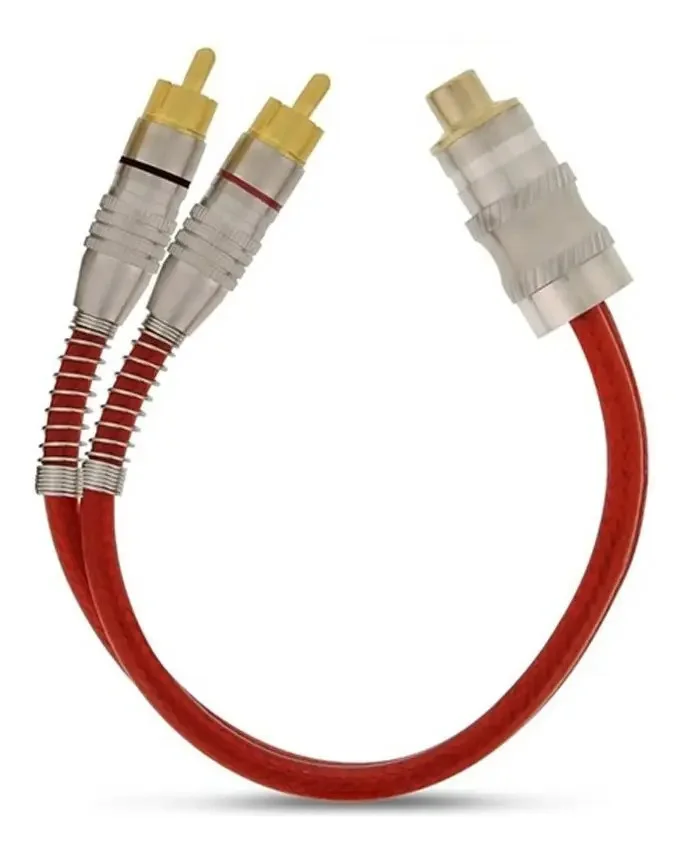 Imagem 3 de 3 do produto Cabo Y Rca 2 Machos 1 Fêmea 5mm Vermelho Transparente Plug Metal Dupla Blindagem Tech One Áudio Automotivo Premium 5M