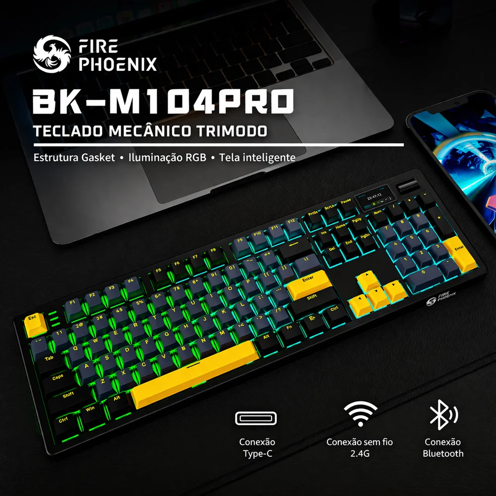 Teclado Mecânico Gamer Sem Fio Tri Mode Bluetooth RGB Fire Phoenix Bk-f104 Pro Black Switch Pink Gold