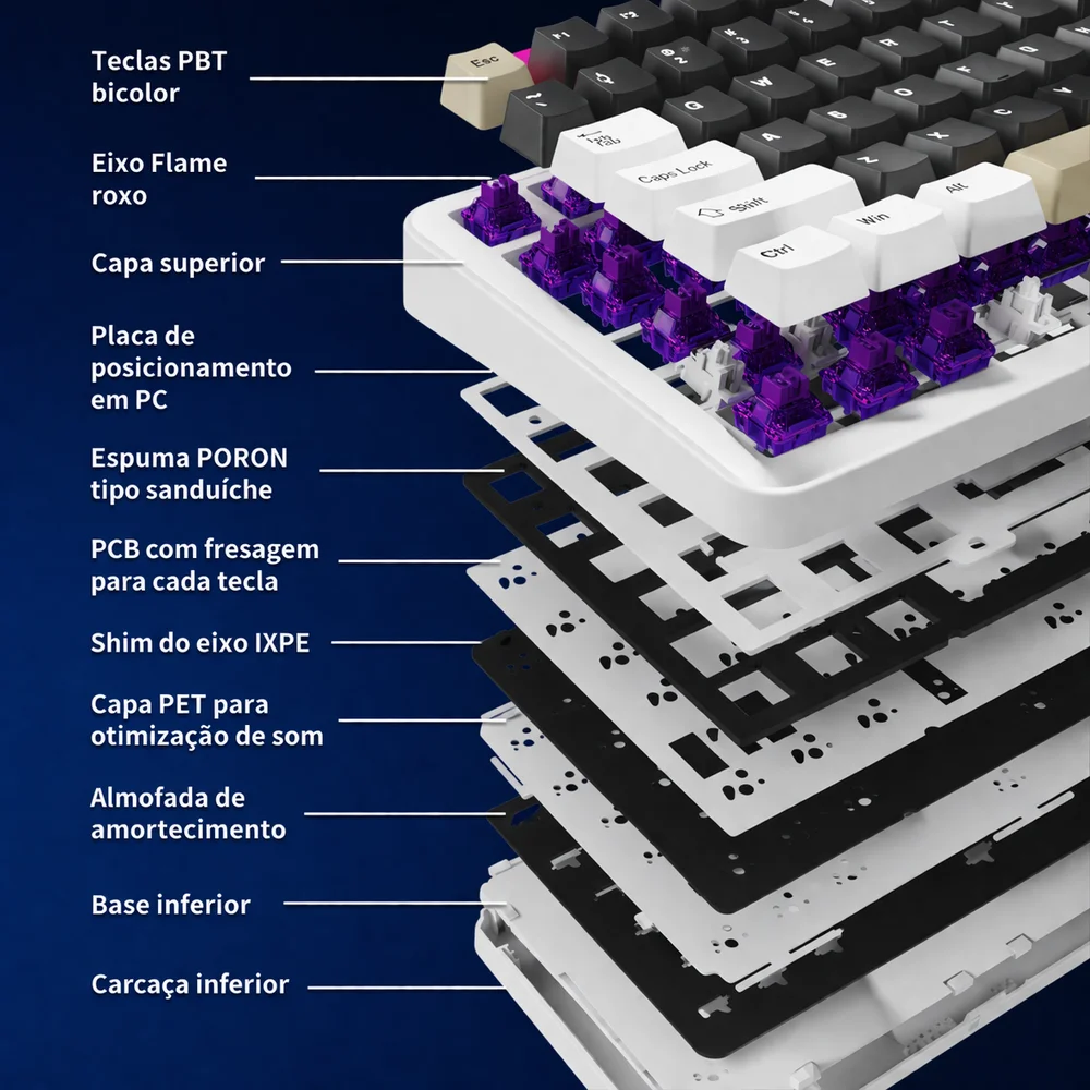 Imagem 3 de 5 do produto Teclado Sem Fio Gamer Mecanico Bluetooth Tri Mode Fire Phoenix Bk-f87 Pro Cream Switch Purple