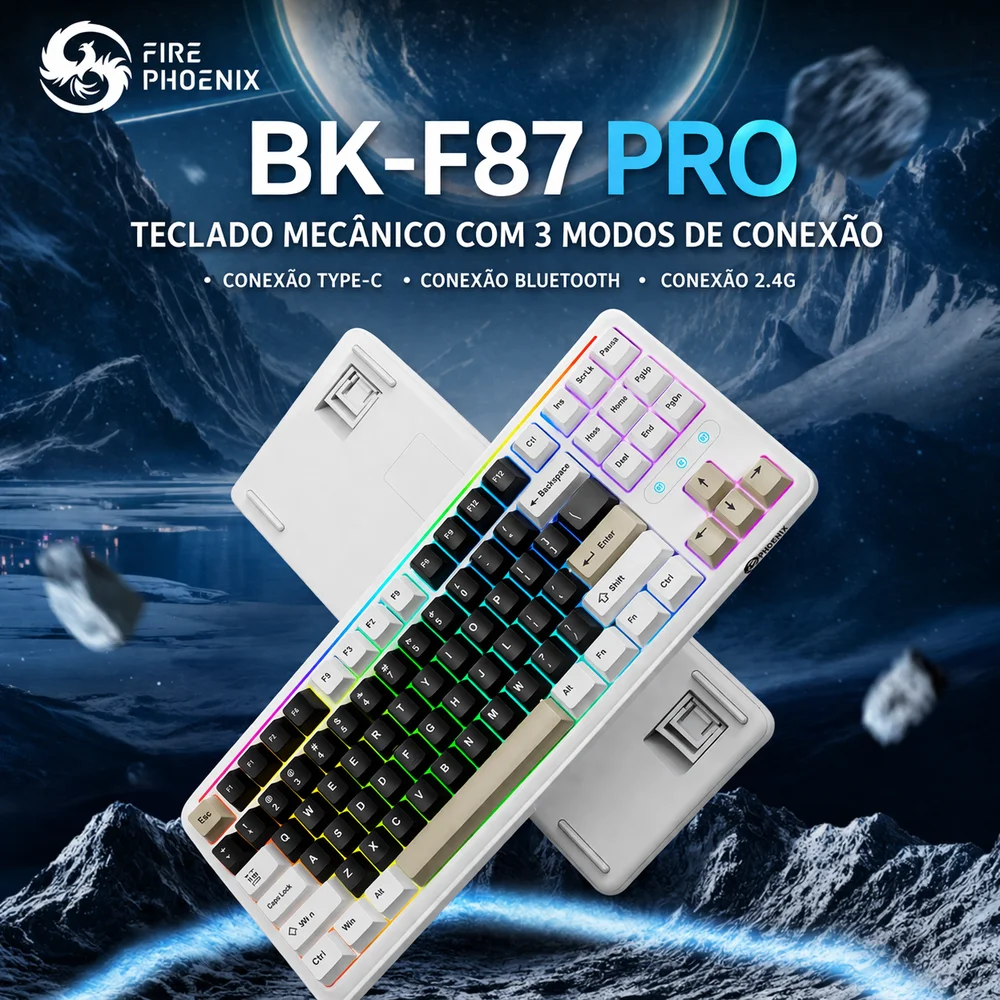 Imagem 4 de 5 do produto Teclado Sem Fio Gamer Mecanico Bluetooth Tri Mode Fire Phoenix Bk-f87 Pro Cream Switch Purple