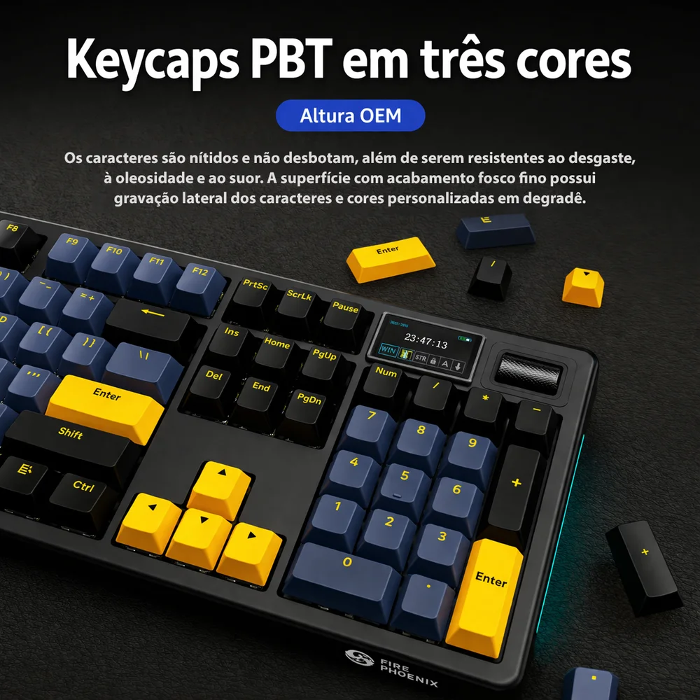 Imagem 2 de 5 do produto Teclado Mecânico Gamer Sem Fio Tri Mode Bluetooth RGB Fire Phoenix Bk-f104 Pro Black Switch Purple