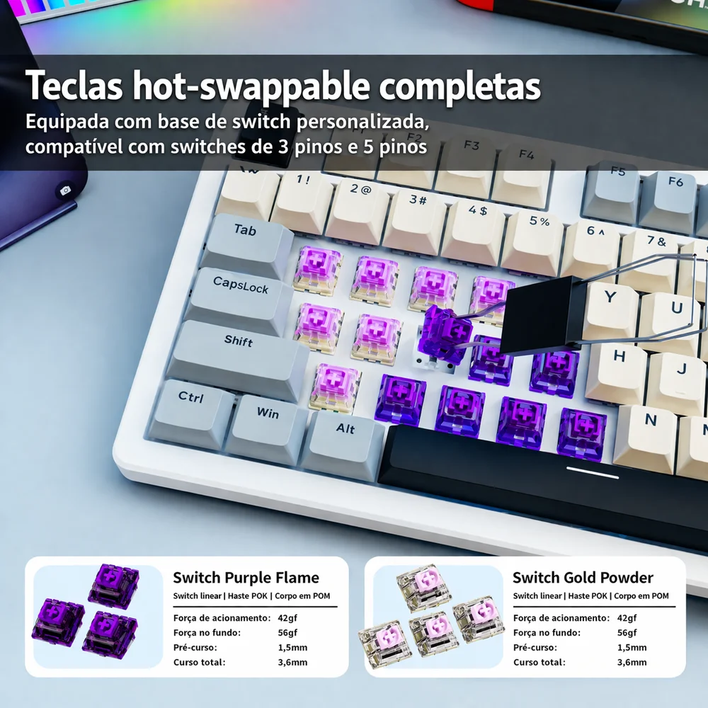 Imagem 4 de 5 do produto Teclado Sem Fio Gamer Mecanico Bluetooth Tri Mode Fire Phoenix Bk-f99 Pro Cheese White Switch Purple