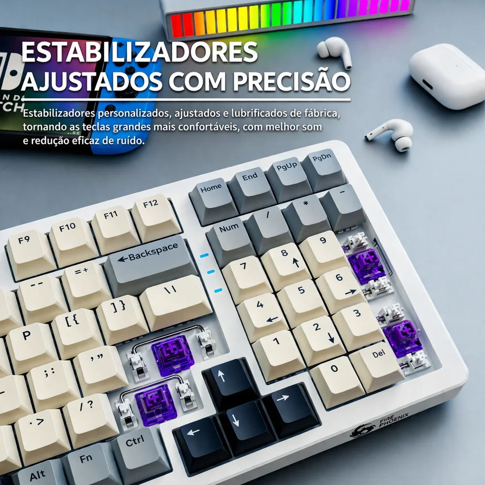 Imagem 3 de 5 do produto Teclado Sem Fio Gamer Mecanico Bluetooth Tri Mode Fire Phoenix Bk-f99 Pro Blue And White Switch Pink Gold