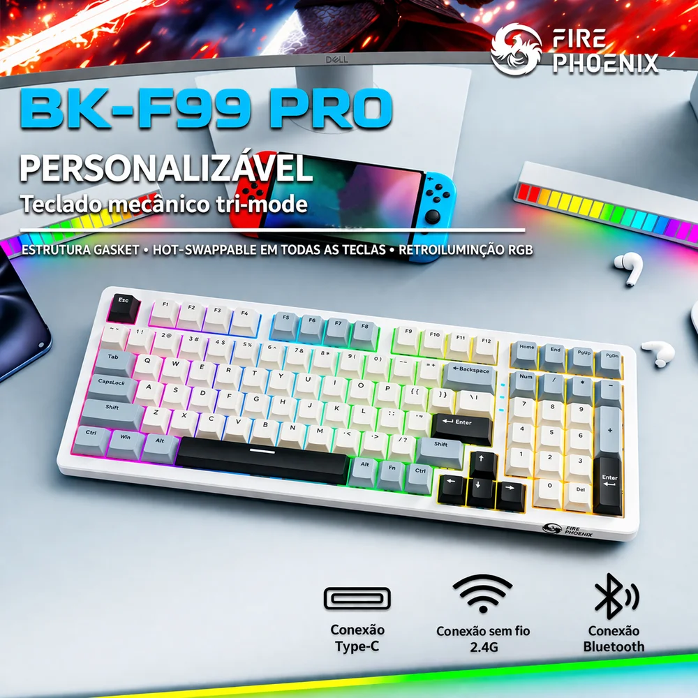 Imagem 2 de 5 do produto Teclado Sem Fio Gamer Mecanico Bluetooth Tri Mode Fire Phoenix Bk-f99 Pro Night Black Switch Pink Gold