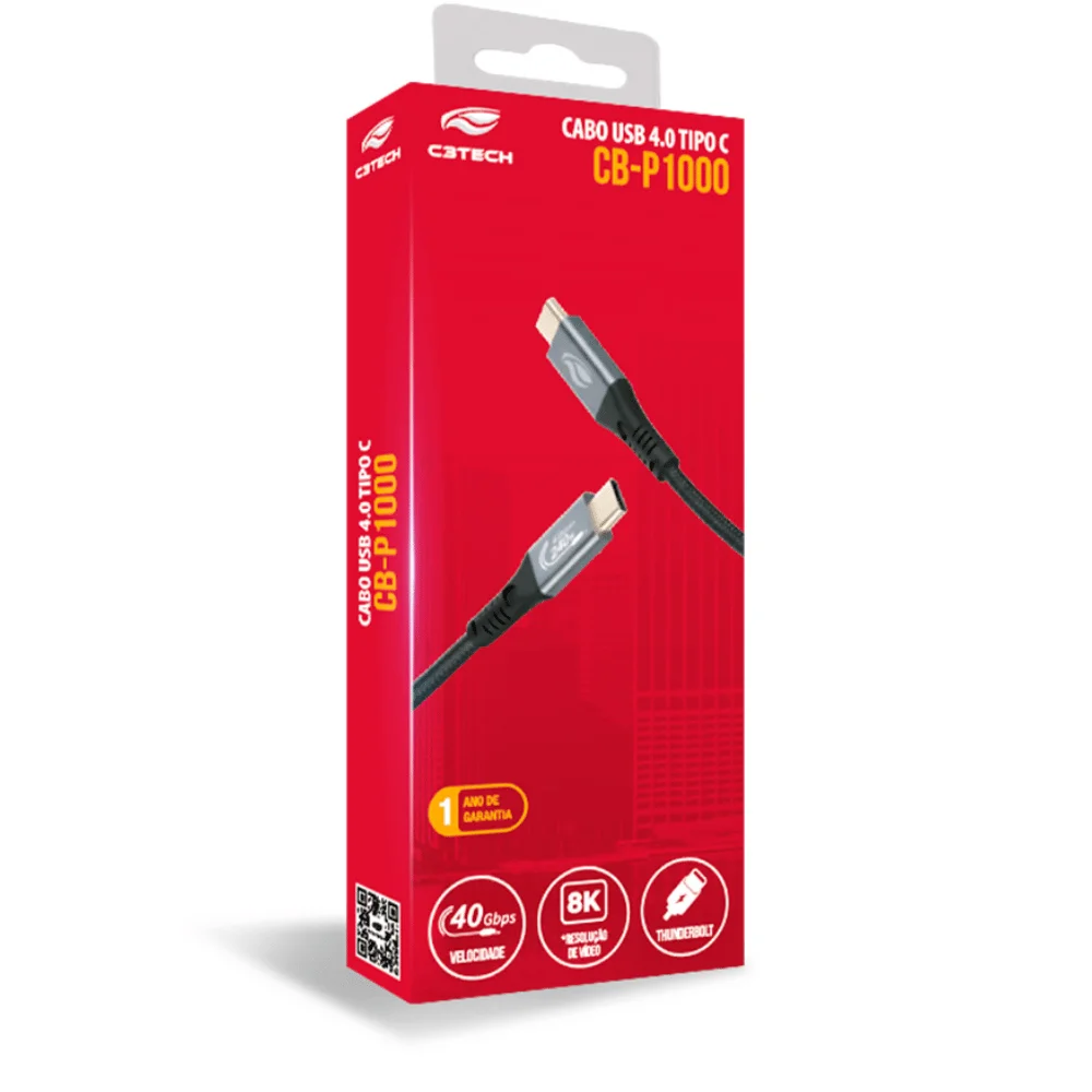 Imagem 2 de 4 do produto Cabo Usb-c Para Usb-c 4.0 ( Tipo-c ) C3tech De 1m, Até 240w, 40gbs E 8k 60hz, Em Nylon - Cb-p1000gy