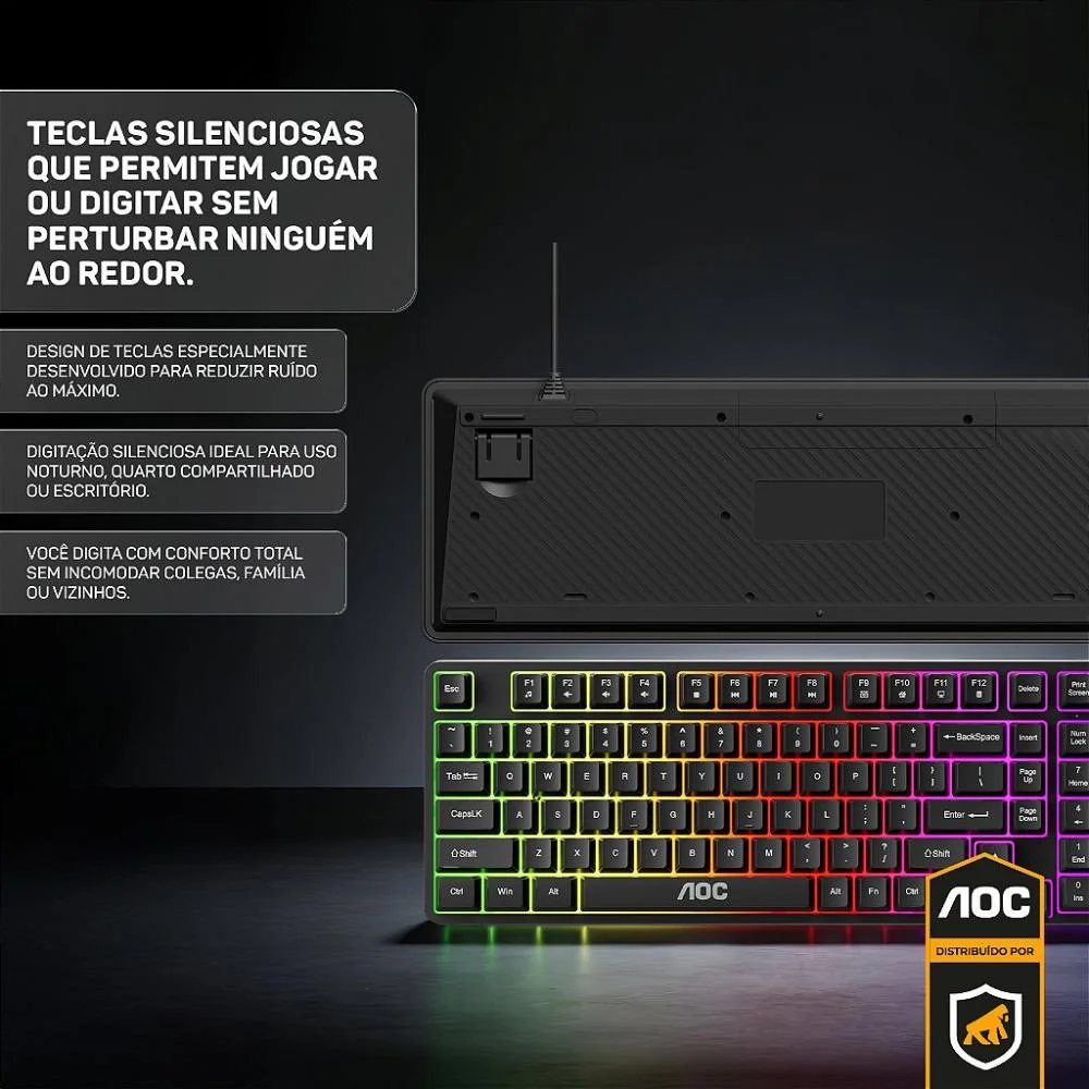 Imagem 2 de 5 do produto Teclado Gamer RGB Com Fio – Anti-ghosting 26 Teclas, LED Rainbow, Teclas Silenciosas E Alta Performance - Aoc