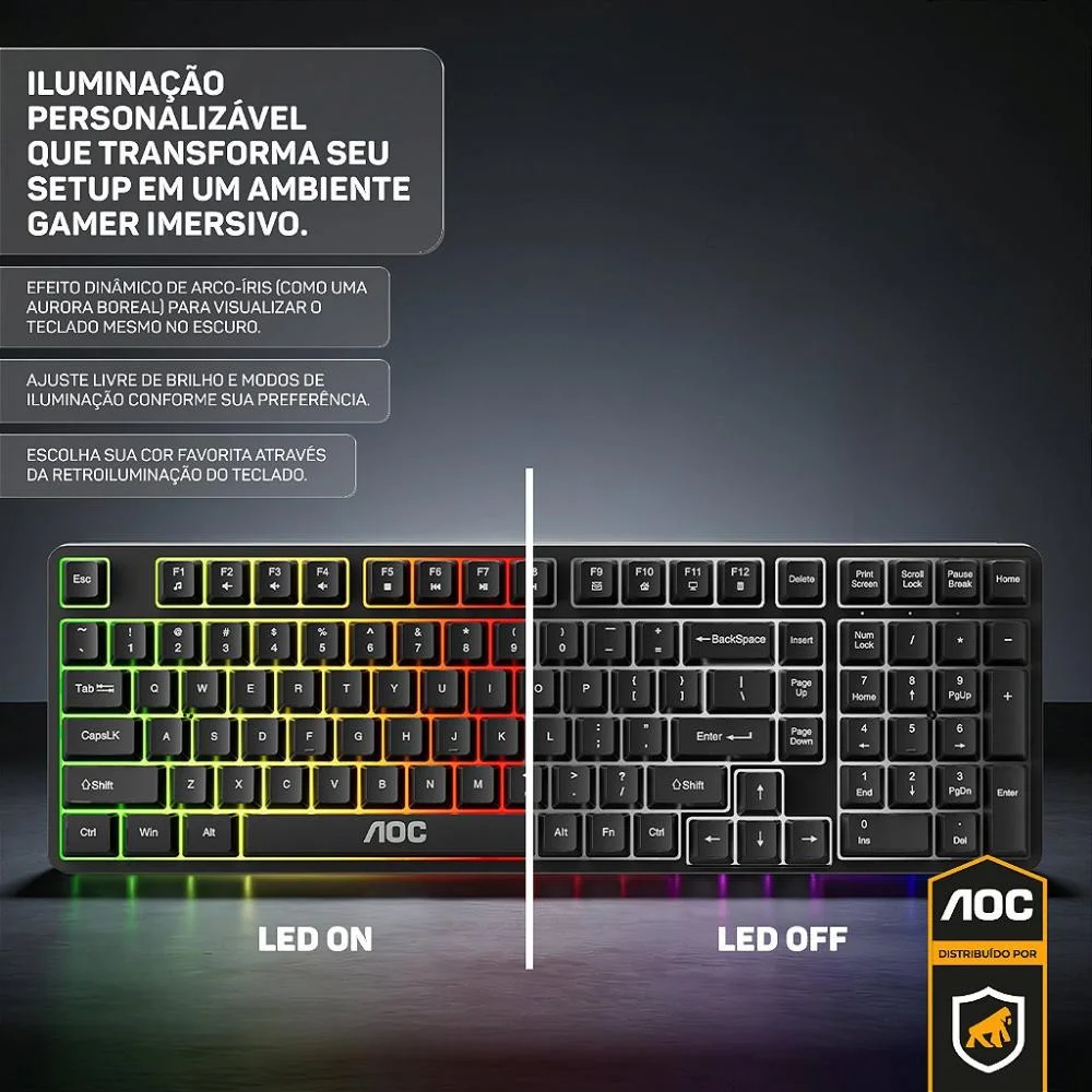 Imagem 3 de 5 do produto Teclado Gamer RGB Com Fio – Anti-ghosting 26 Teclas, LED Rainbow, Teclas Silenciosas E Alta Performance - Aoc