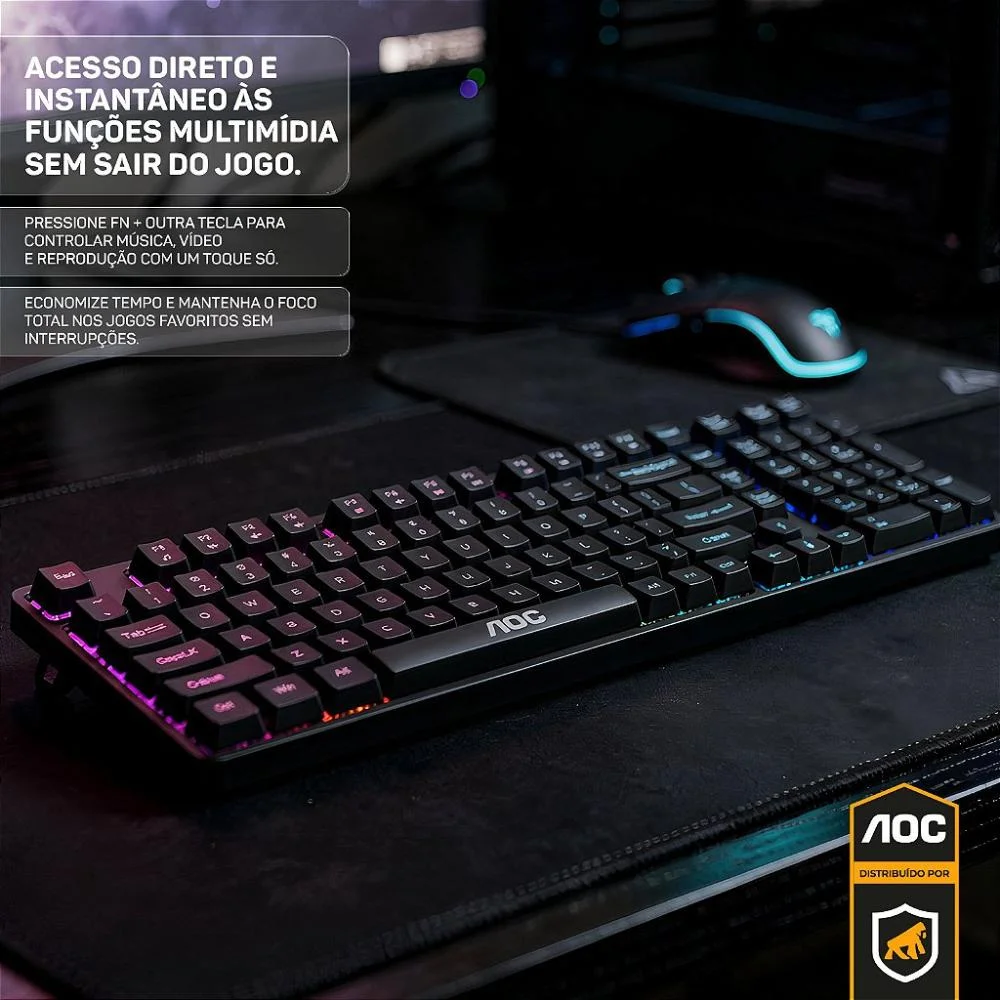 Imagem 4 de 5 do produto Teclado Gamer RGB Com Fio – Anti-ghosting 26 Teclas, LED Rainbow, Teclas Silenciosas E Alta Performance - Aoc