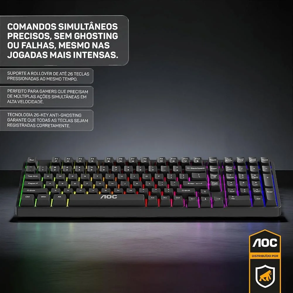 Imagem 5 de 5 do produto Teclado Gamer RGB Com Fio – Anti-ghosting 26 Teclas, LED Rainbow, Teclas Silenciosas E Alta Performance - Aoc