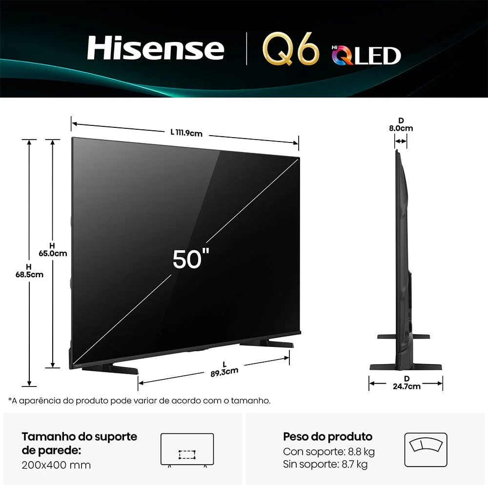 Imagem 2 de 5 do produto Smart Tv Hisense 50" Hi-qLED 4k Uhd Processador Ai Dolby Vision E Dolby Atmos Alexa 50q6qvv Bivolt