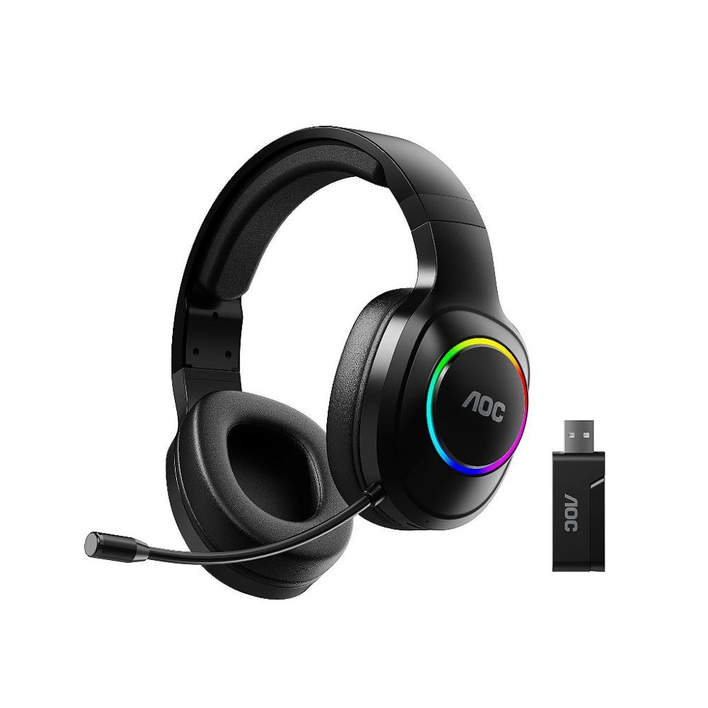 Headset Gamer Sem Fio 2.4g + Bluetooth - RGB, Microfone, Baixa Latência – Preto - Aoc