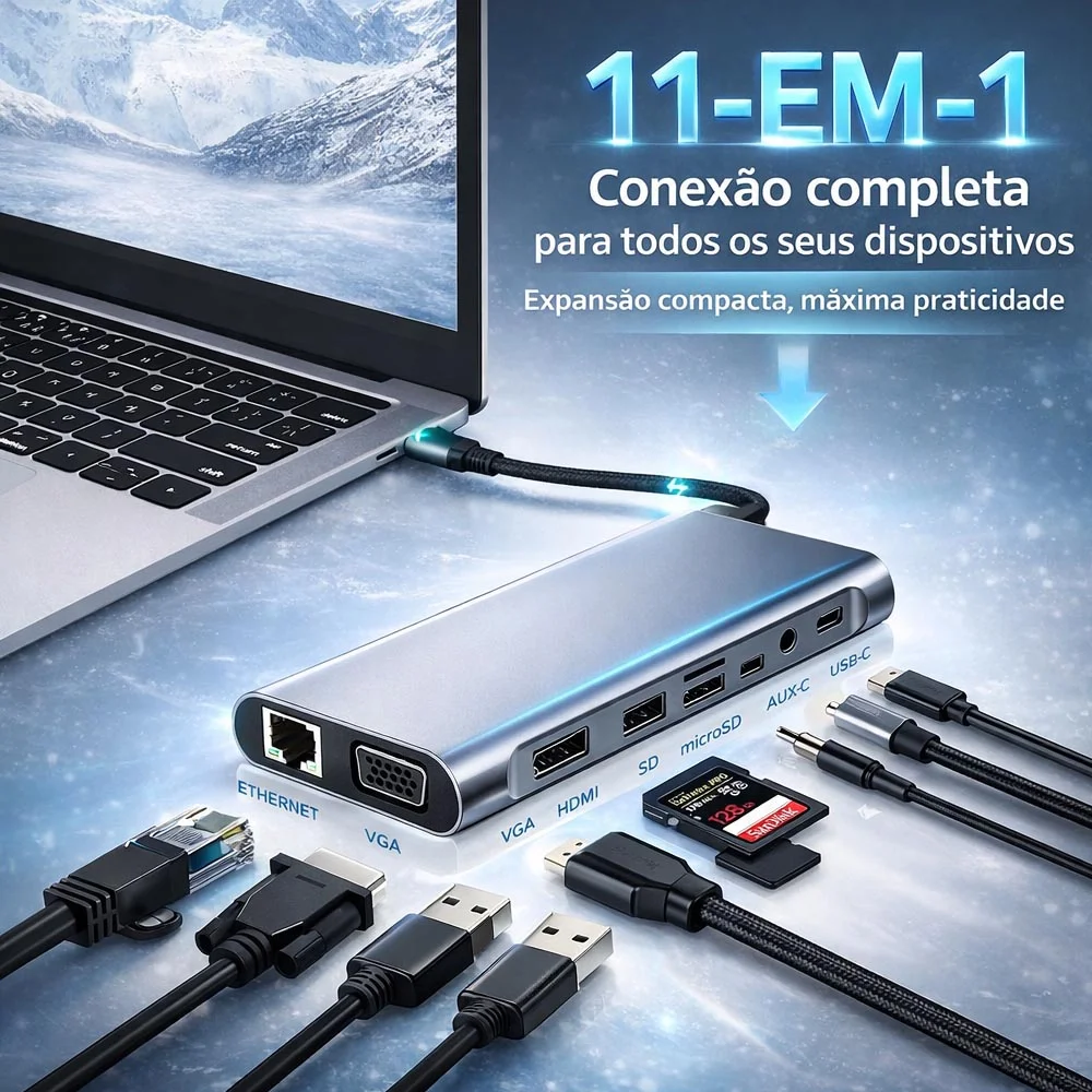 Imagem 4 de 5 do produto Adaptador 11 Em 1 Tipo C Usb 3.0 HDMI Rj45 1000mbps Micro Sd Gigabit