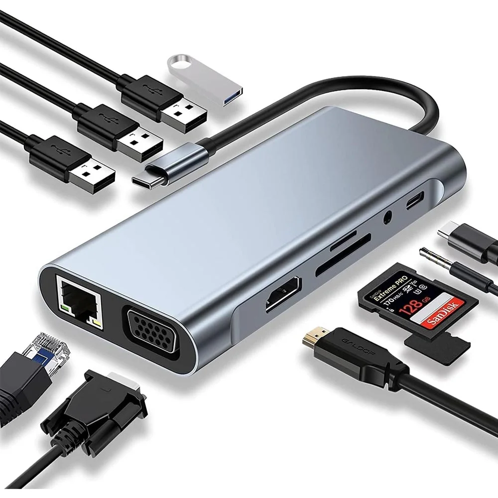 Imagem 3 de 5 do produto Hub Usb-c 11 Em 1 4k HDMI Vga Lan Rj45 1000mbps Gigabit