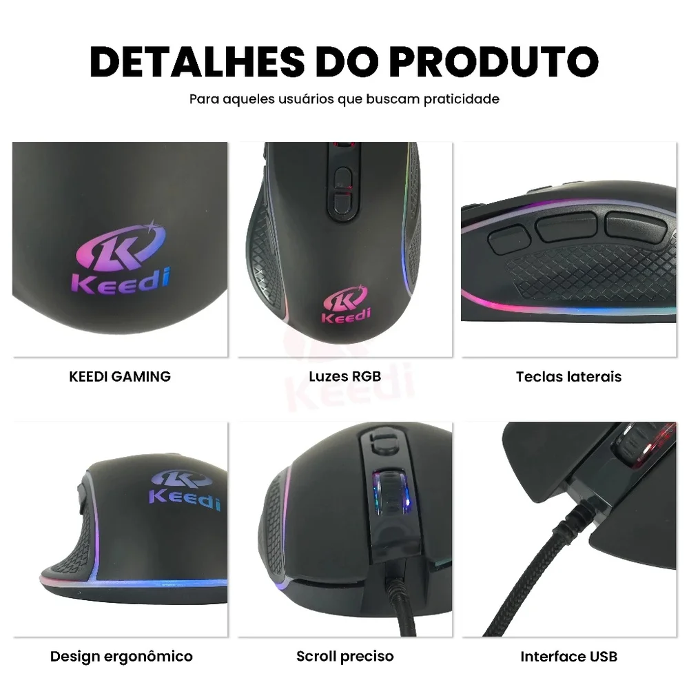 Imagem 3 de 5 do produto Mouse Gamer Ergonômico RGB Até 7200dpi Com Fio 1.5m Keedi Mou903