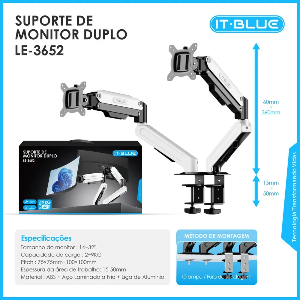 Imagem 3 de 4 do produto Suporte Duplo Para Monitor 14" A 32" Vesa 75x75 100x100 Alumínio Le-3652