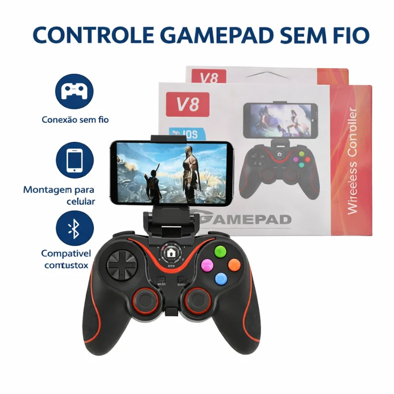 Imagem 4 de 5 do produto Controle Joystick Bluetooth Compatível Sem Fio V8 Wireless Para Android E Ios | Gamepad Gamer Com Suporte Para Celular