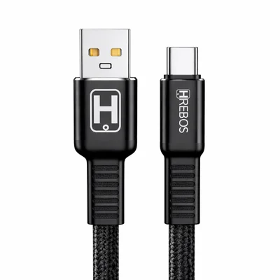 Cabo Para Carregamento 3.1a Tipo C Hrebos Hs-084 Futuristic Turbo 1m Preto Carregamento Rápido Resistente