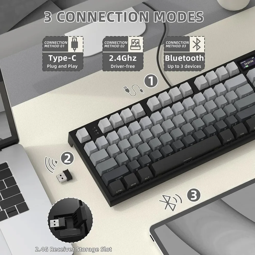 Imagem 2 de 5 do produto Teclado Mecânico Gamer Bluetooth Tri Mode 2.4g Attack Shark Com Tela K86RGB Moonlitnight