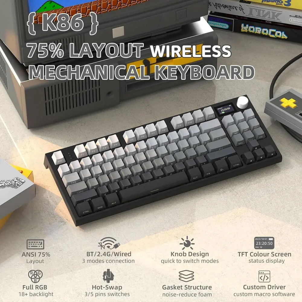 Imagem 3 de 5 do produto Teclado Mecânico Gamer Bluetooth Tri Mode 2.4g Attack Shark Com Tela K86RGB Moonlitnight