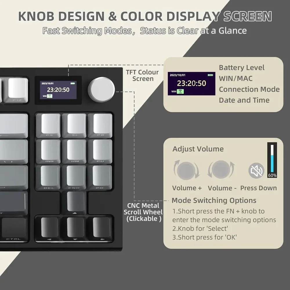 Imagem 4 de 5 do produto Teclado Mecânico Gamer Bluetooth Tri Mode 2.4g Attack Shark Com Tela K86RGB Moonlitnight