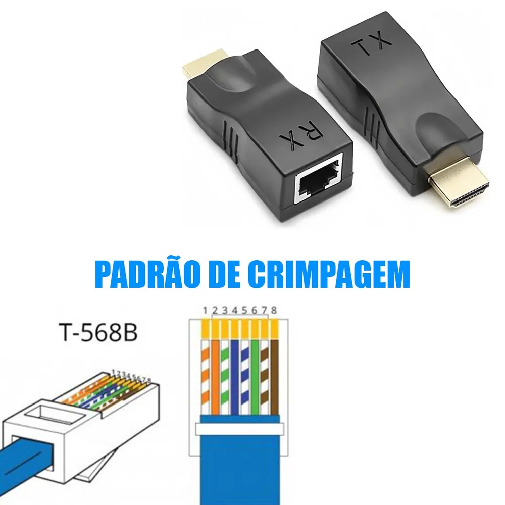 Imagem 2 de 4 do produto Extensor HDMI 30m Cabo De Rede Rj45 1 Via Crimpar Em 568b