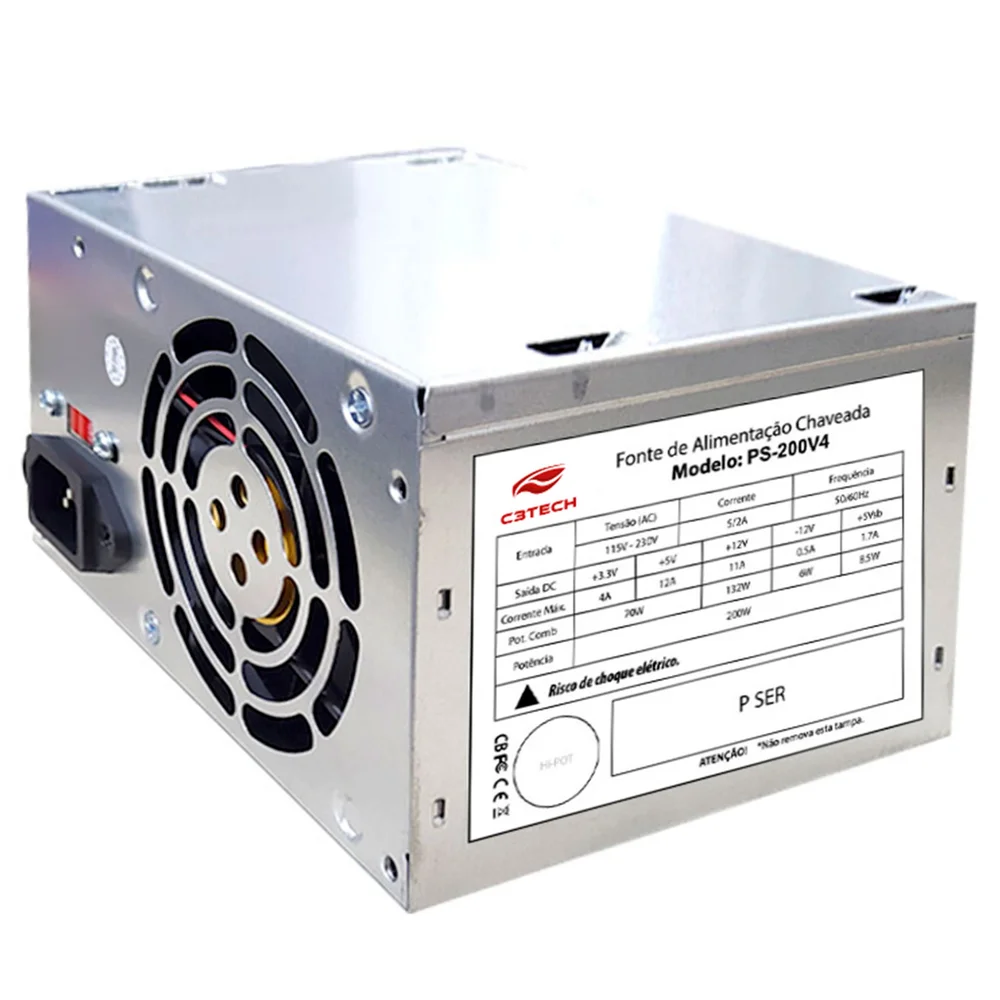 Fonte Atx C3tech Ps-200v4 200w Reais 24 Pinos, Bivolt Manual 115/230v, Cooler Silencioso