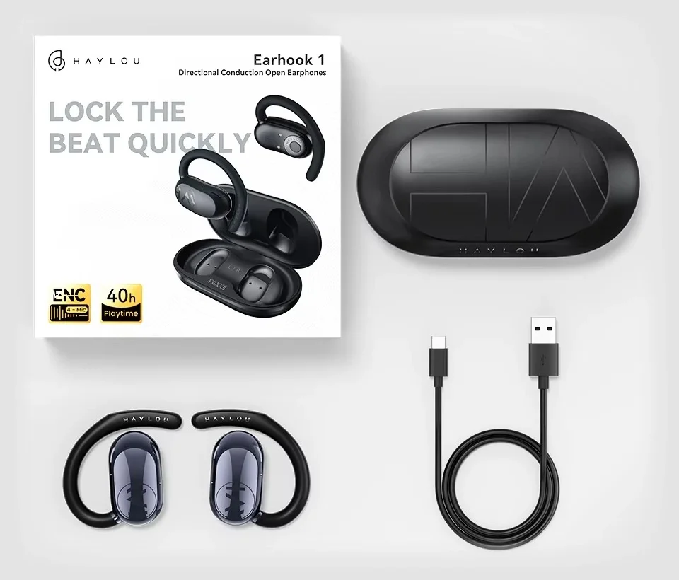 Imagem 5 de 5 do produto Fone Gancho Haylou Earhook 1 Ow02 Com Enc, 40 Horas, Bl 5.4 App Customização Som Ai 4 Microfones Cor:preto