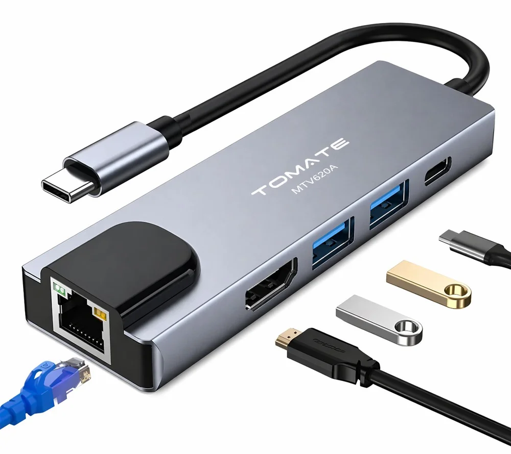 Imagem 1 de 4 do produto Adaptador 5 Em 1 Type-c Para Rj45/hdmi/usb 3.0/pd Tomate Mtv-620