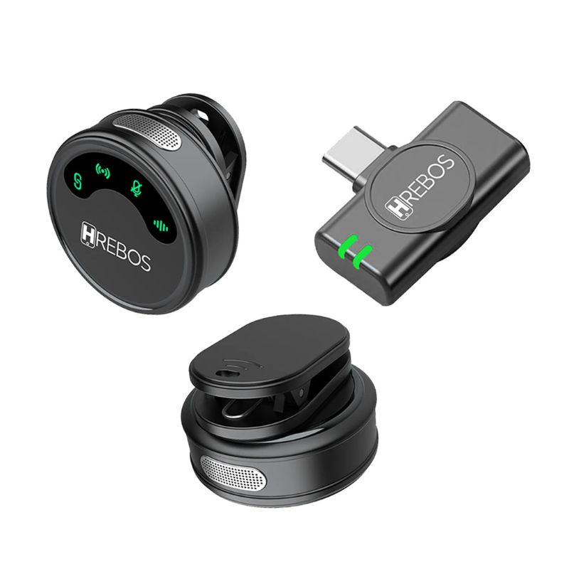 Microfone Lapela Sem Fio Profissional Duplo Hrebos Airmic If-1000c Tipo-c – 2 Microfones, Plug And Play, Áudio Hd