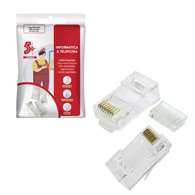 Kit 5 Conector Rj45 Macho Cat.6 Com Guia 8x8 Vias Transparente