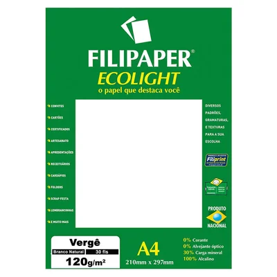 Papel Vergê Ecolight A4, 120 G, 30 Folhas, Filipaper - Branco Natural - 02084
