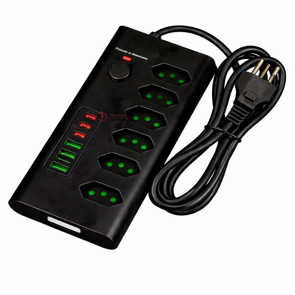 Filtro De Linha 6 Tomadas 10a 20a Dps, Extensão Elétrica 2m Bivolt Tripolar Regua De Energia C/ 6 Usb Rapido, Usb Tipo C