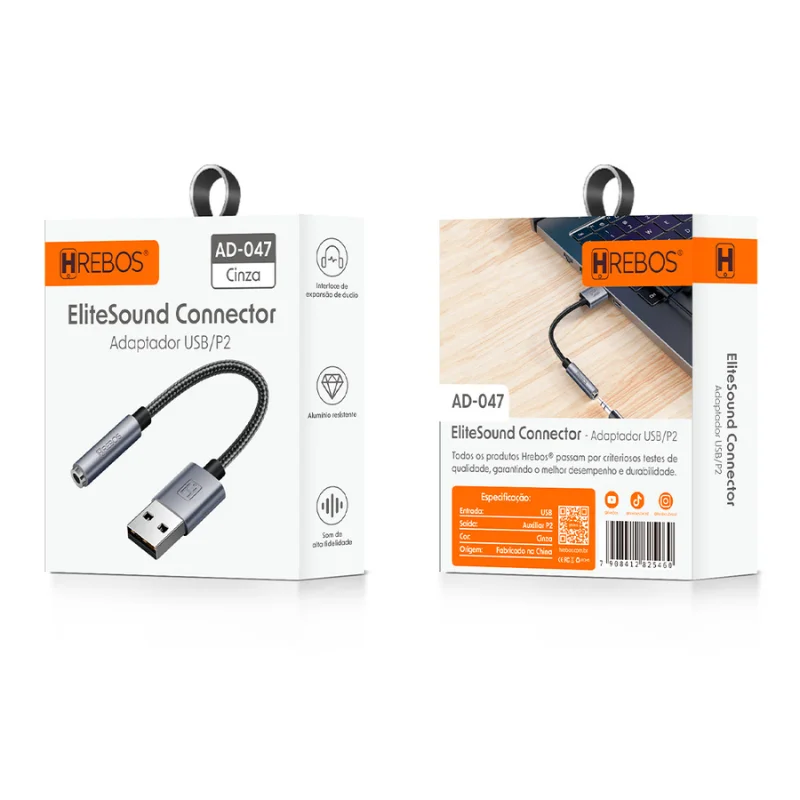 Imagem 5 de 5 do produto Adaptador Usb Para P2 Hrebos Elitesound Ad-047 Cinza Áudio Usb 3.5mm Fêmea