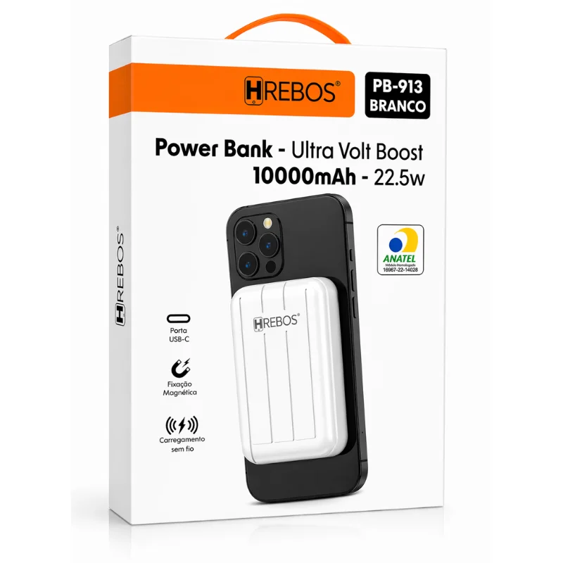 Imagem 1 de 4 do produto Power Bank Hrebos Pb-913 10000mah 22.5w Magnético | Carregamento Rápido Portátil Wireless Alta Potência Cor:branco