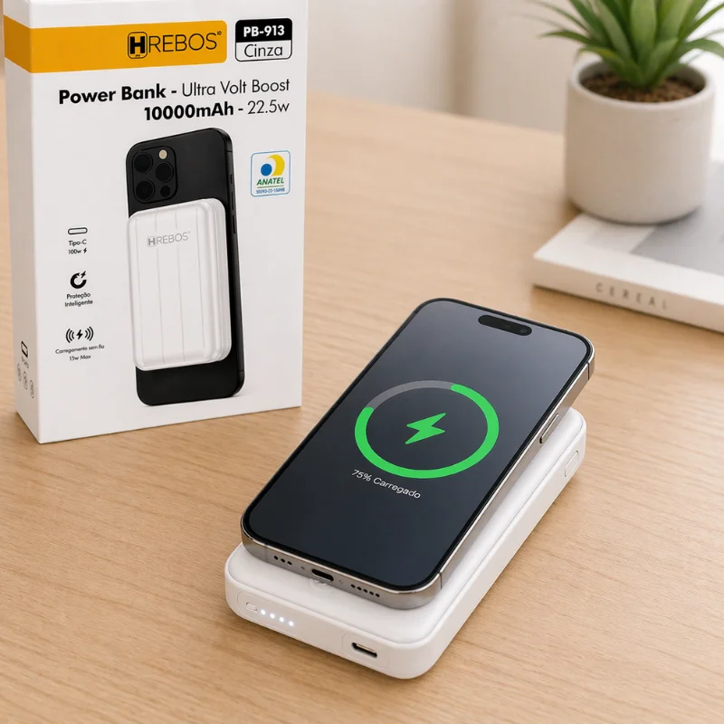 Imagem 2 de 4 do produto Power Bank Hrebos Pb-913 10000mah 22.5w Magnético | Carregamento Rápido Portátil Wireless Alta Potência Cor:branco