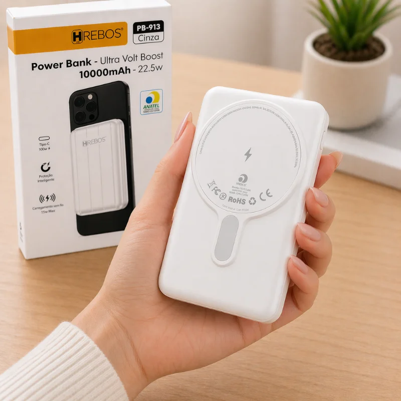 Imagem 3 de 4 do produto Power Bank Hrebos Pb-913 10000mah 22.5w Magnético | Carregamento Rápido Portátil Wireless Alta Potência Cor:branco