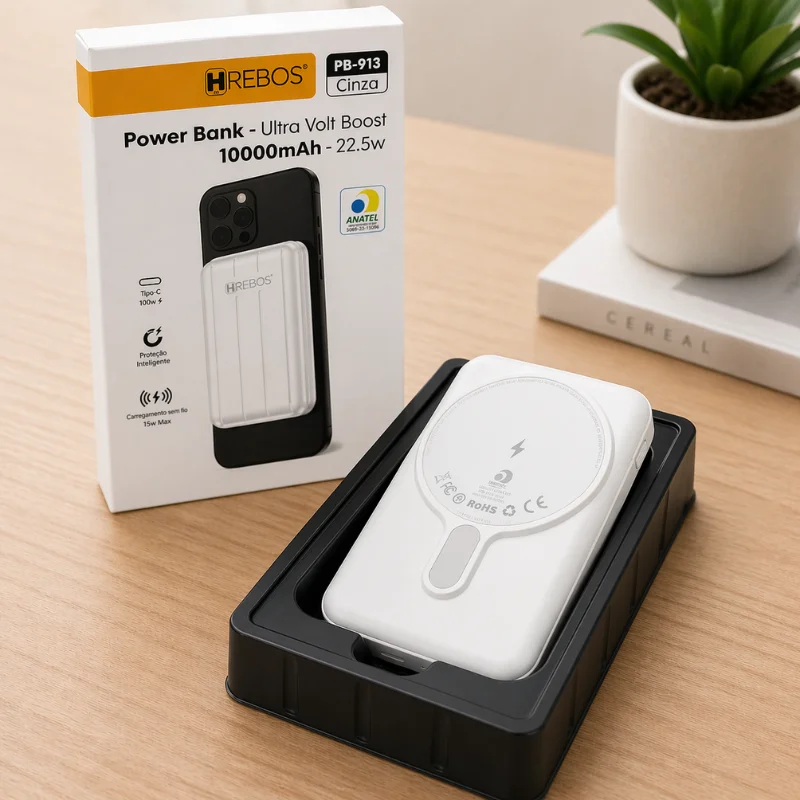 Imagem 4 de 4 do produto Power Bank Hrebos Pb-913 10000mah 22.5w Magnético | Carregamento Rápido Portátil Wireless Alta Potência Cor:branco