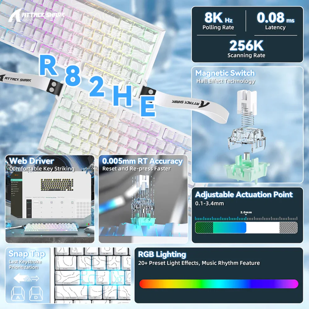 Imagem 4 de 5 do produto Teclado Gamer Magnético 8000hz Attack Shark Com Fio R82 He Branco