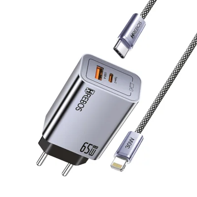 Kit Carregador Rápido 65w Hrebos Crg-229ci Usb-c Cinza Para Iphone Ios Turbo Power
