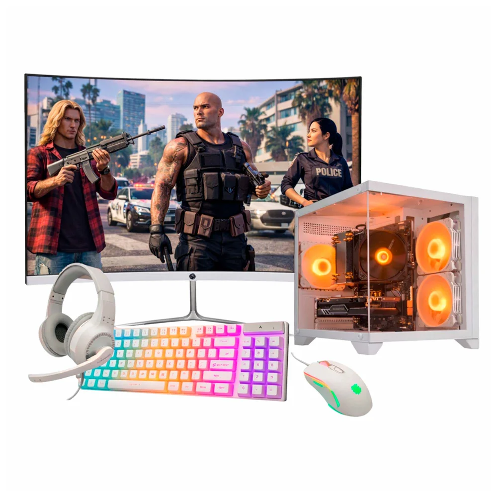 Computador Gamer P/ GTA I5 6ª 16gb Ram 1tb Nvme RX 590 Monitor 23" Curvo + Gabinete e Combo Branco
