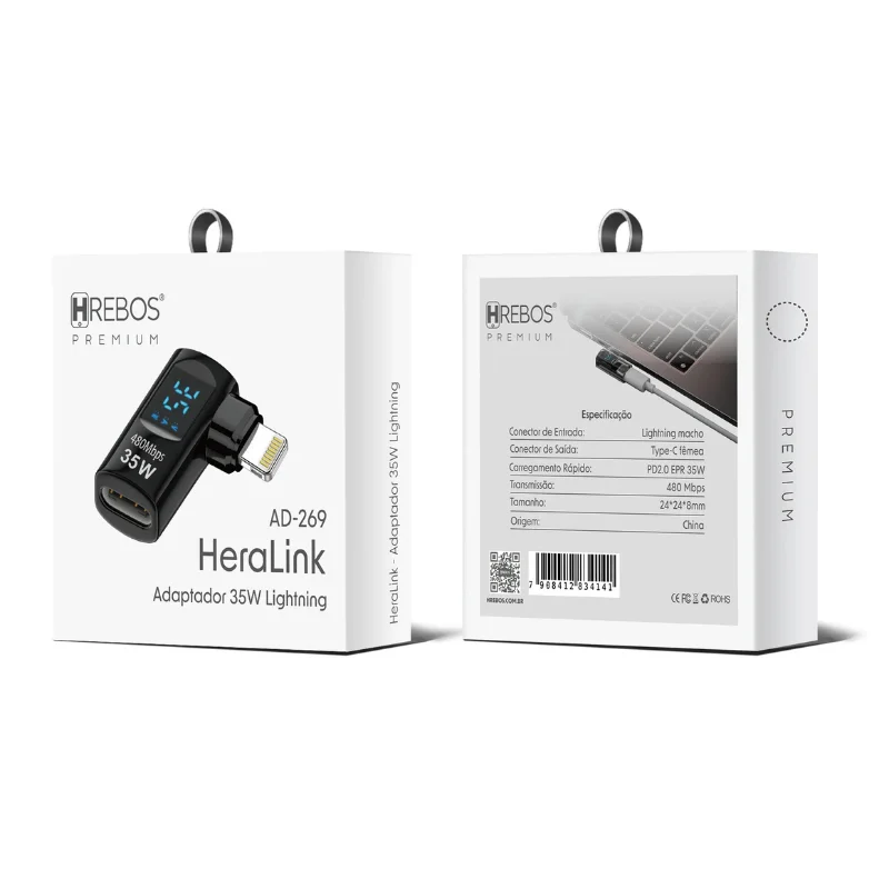 Imagem 4 de 5 do produto Adaptador Compatível Com Lightning Iphone Ios Macho Para Usb-c Femea 35w Hrebos Heralink Ad-269 Carga Rápida Alta