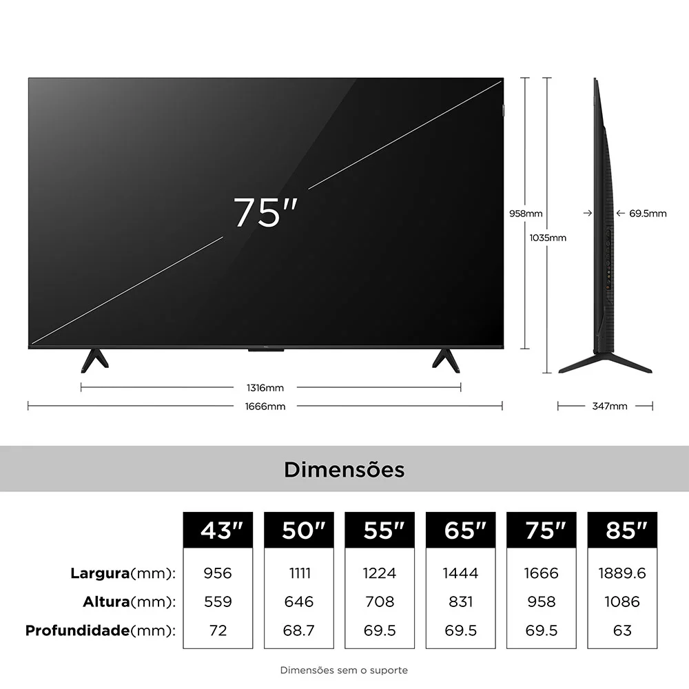 Smart Tv TCL 75" 4k QLED, Com Processador Aipq, Dolby Vision, 120 Hz, Hdr10+ E Wi fi, Bivolt 75p7l 6