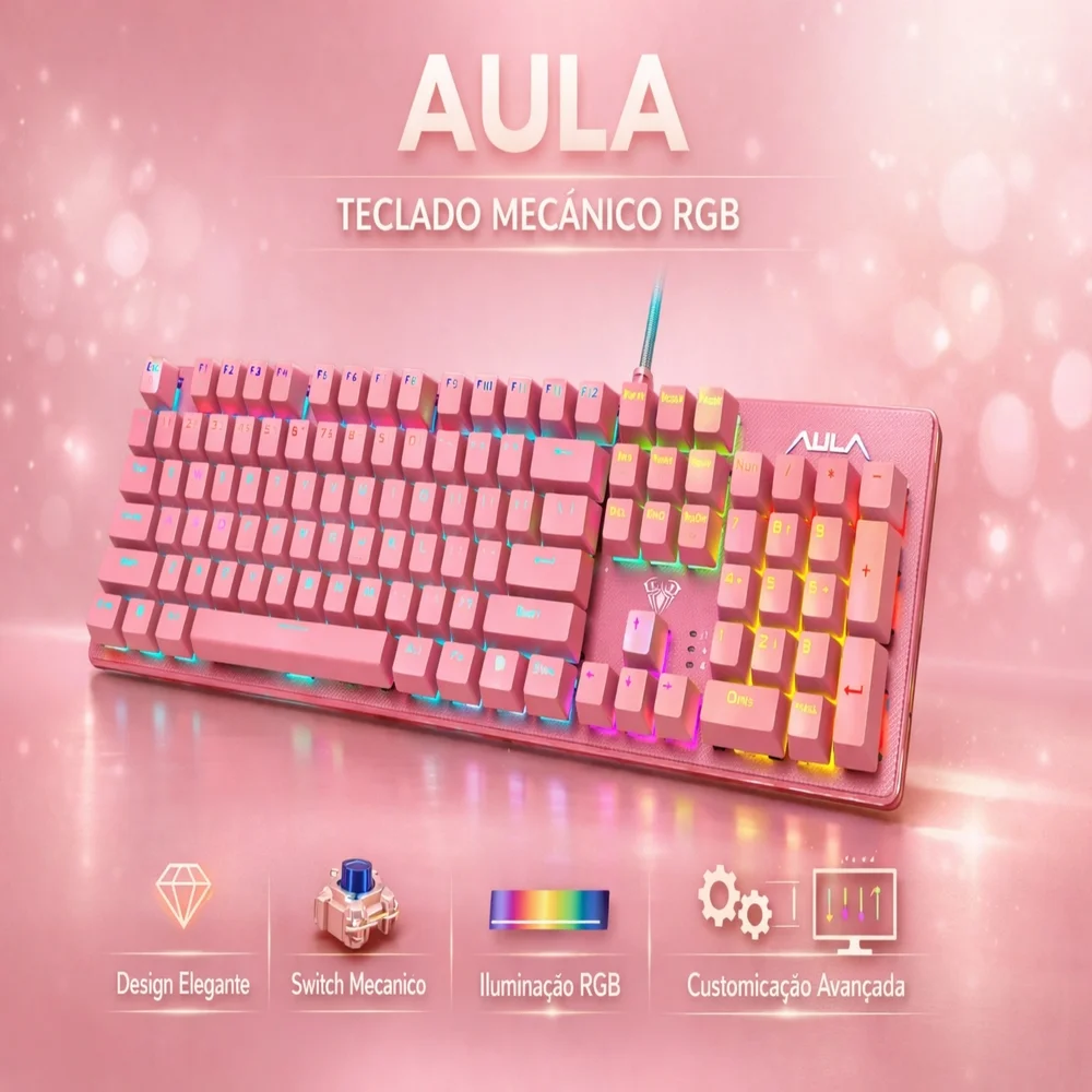 Imagem 3 de 5 do produto Teclado Mecânico Rosa Aula S2022 RGB Switch Blue Usb Layout Us Gamer