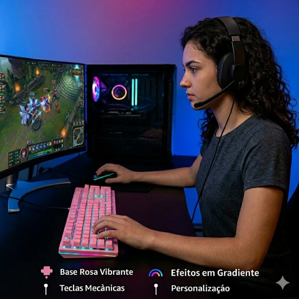 Imagem 4 de 5 do produto Teclado Mecânico Rosa Aula S2022 RGB Switch Blue Usb Layout Us Gamer