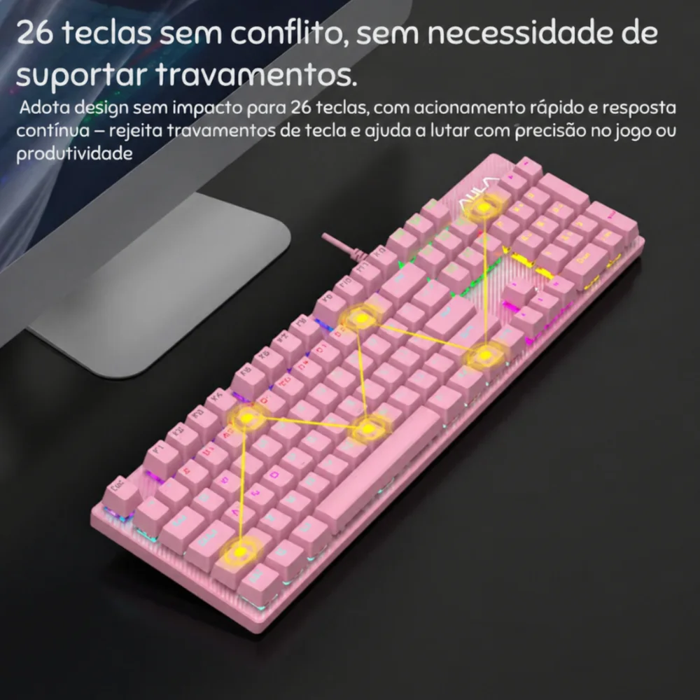 Imagem 5 de 5 do produto Teclado Mecânico Rosa Aula S2022 RGB Switch Blue Usb Layout Us Gamer