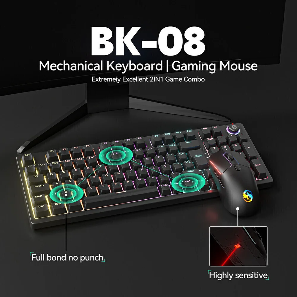 Imagem 3 de 5 do produto Kit Teclado Mecânico E Mouse Gamer RGB 7200 Dpi Switch Red Fire Phoenix Bk-08 Preto