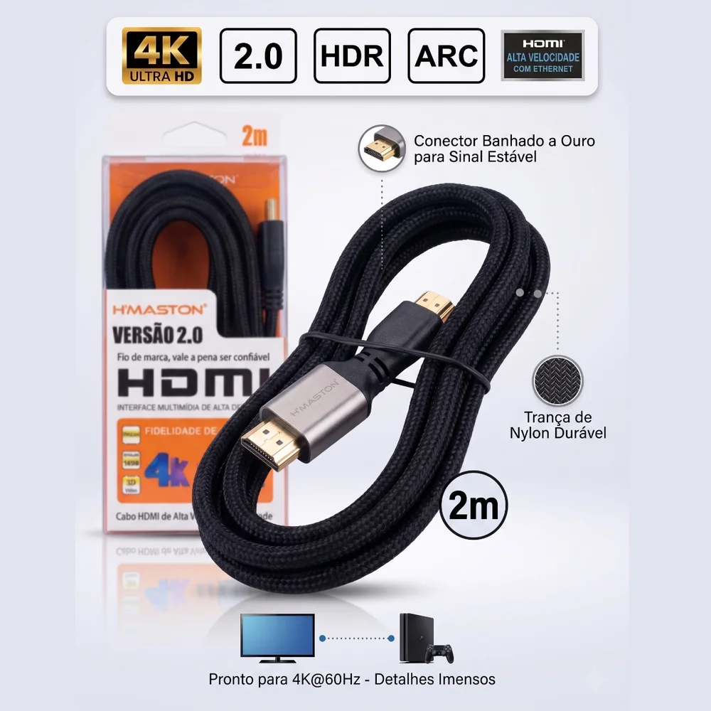 Imagem 2 de 4 do produto Cabo HDMI 2 Metros 4k 2.0 - H’maston - Blindado Games Filmes