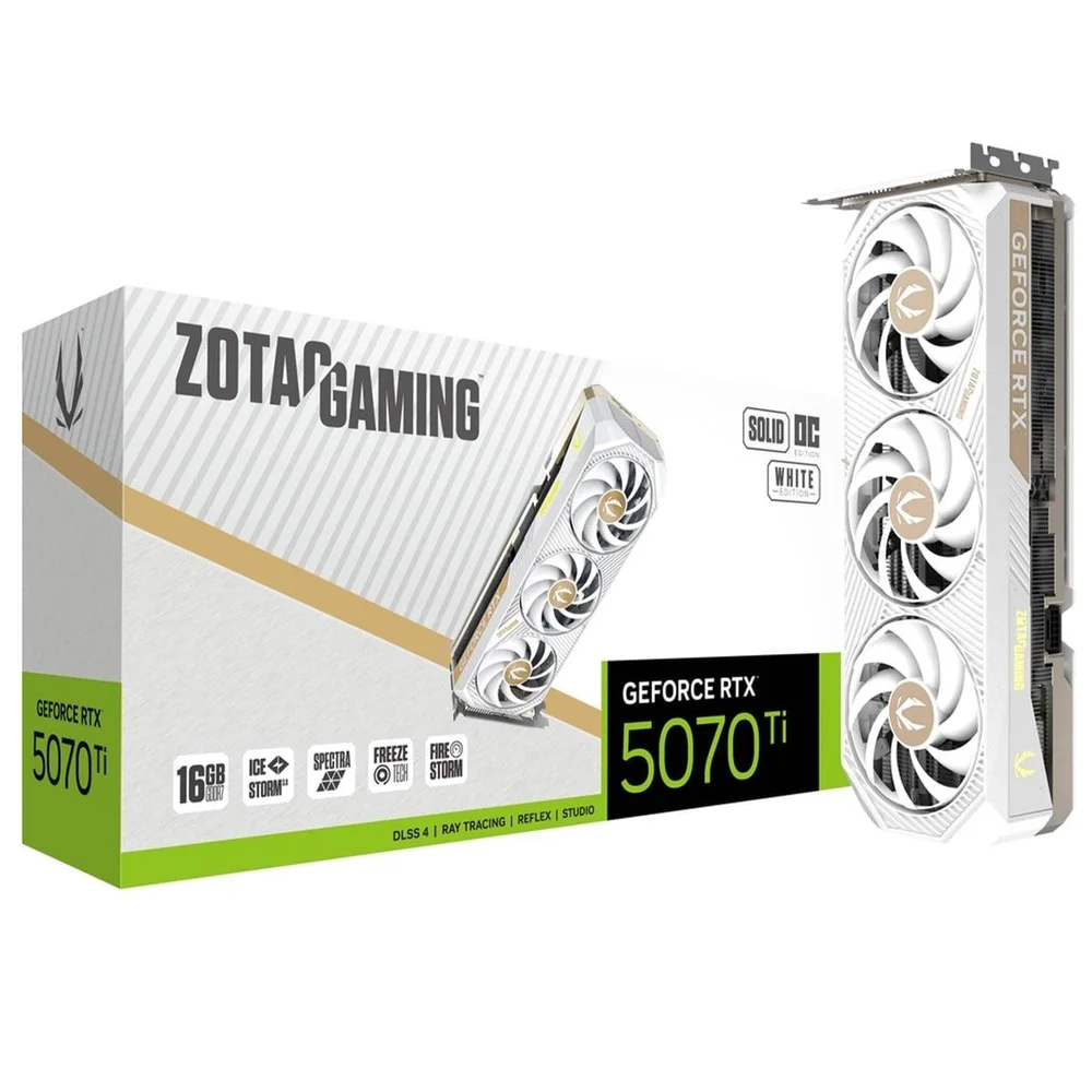 Placa De Vídeo Zotac Gaming Nvidia Geforce RTX 5070 Ti Solid Core Oc White, 16gb, Gddr7, Dlss, Ray Tracing, Zt-b50710q2-10p